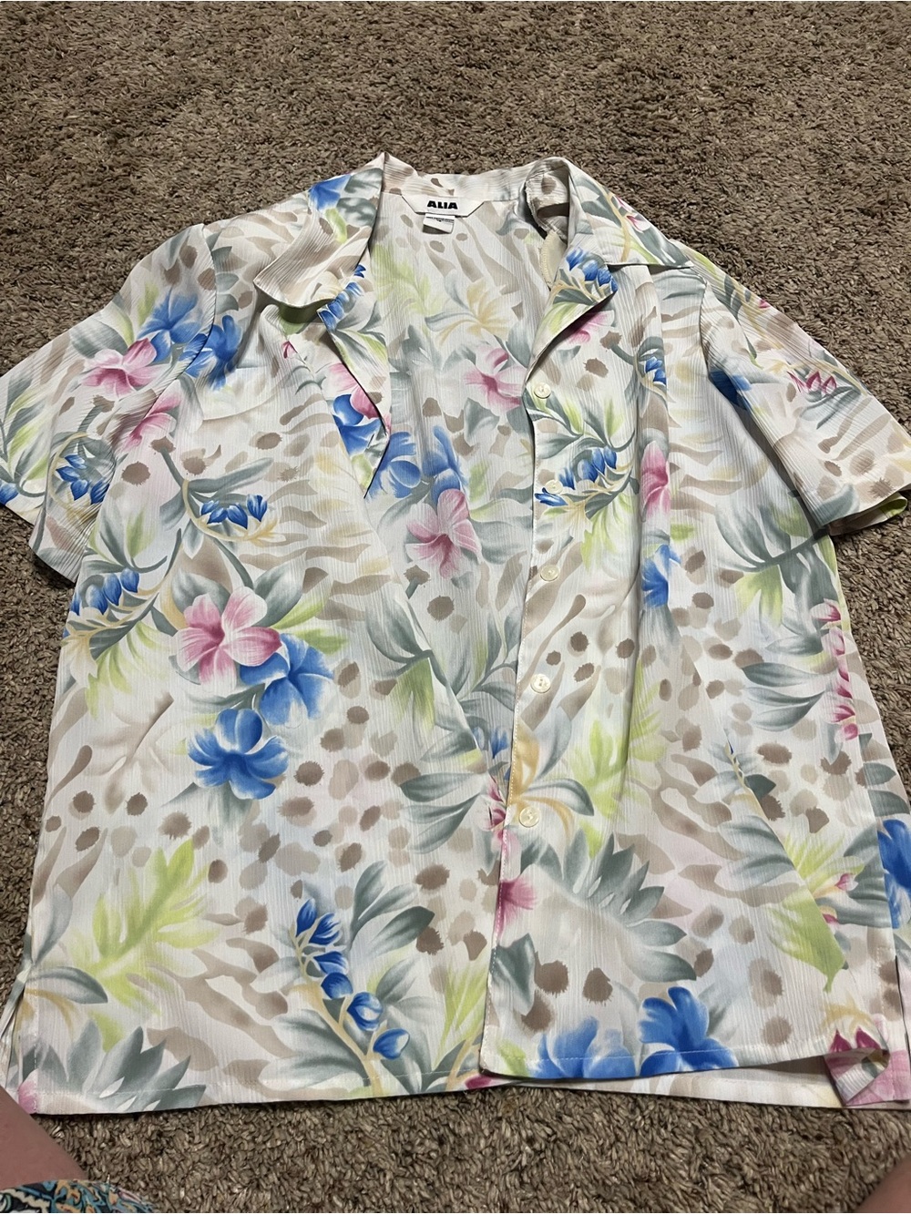 Alia Short-Sleeve Floral Button-Down Shirt in White with Blue and Pink